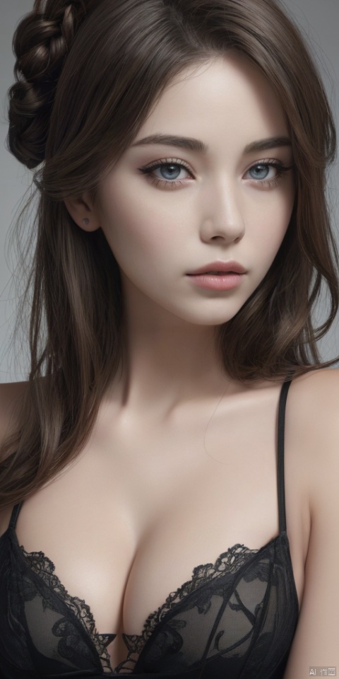  1girl,finger,Black eyes,lips, makeup, portrait, eyeshadow, realistic, nose,{{best quality}}, {{masterpiece}}, {{ultra-detailed}}, {illustration}, {detailed light}, {an extremely delicate and beautiful}, a girl, {beautiful detailed eyes}, large breasts,cleavage,zj,
