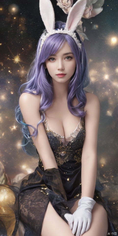  1girl, dance, Fairy, crystal, jewels,black, Crystal clear,solo, long hair, looking at viewer,black hair,jewelry, earrings,lips, makeup, portrait, eyeshadow, realistic, nose,{{best quality}}, {{masterpiece}}, {{ultra-detailed}}, {illustration}, {detailed light}, {an extremely delicate and beautiful}, a girl, {beautiful detailed eyes}, stars in the eyes, messy floating hair, colored inner hair, Starry sky adorns hair, depth of field, large breasts,cleavage,zj,
1girl, solo, long hair, smile, hair ornament, gloves, dress, animal ears, sitting, blue hair, purple eyes, purple hair, boots, white gloves, rabbit ears, white footwear, rabbit, pillar