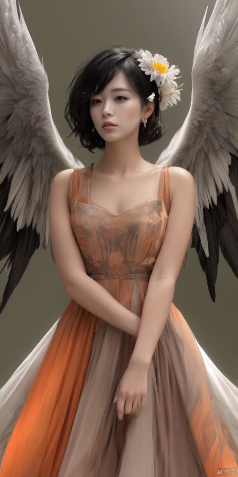  1girl, solo, short hair, simple background, black hair, jewelry, earrings, black eyes, lips, portrait, realistic,feathered wings, angel wings, white wings,zj,woman, flower dress, colorful, darl background,flower armor,green theme,exposure blend, medium shot, bokeh, (hdr:1.4), high contrast, (cinematic, teal and orange:0.85), (muted colors, dim colors, soothing tones:1.3), low saturation