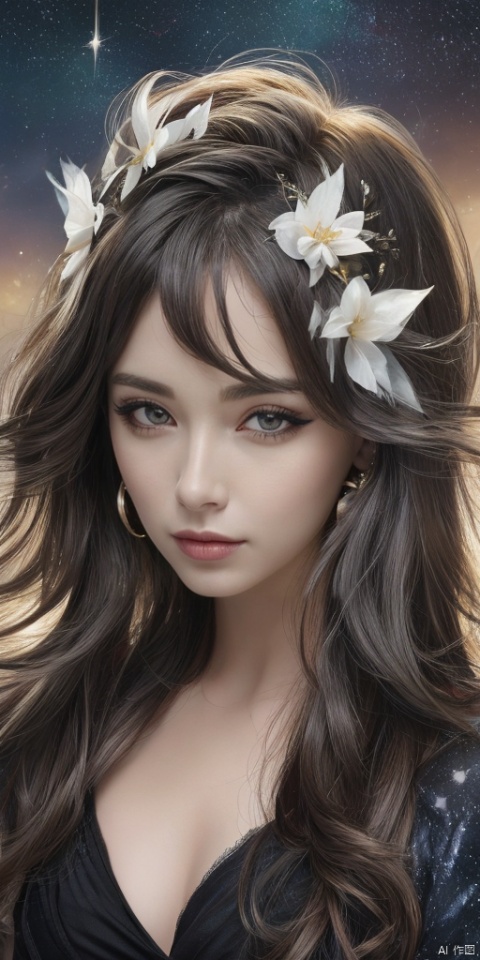  1girl, dance,hand,Fairy, crystal, jewels,black, Crystal clear,solo, long hair, looking at viewer,black hair,jewelry, earrings,lips, makeup, portrait, eyeshadow, realistic, nose,{{best quality}}, {{masterpiece}}, {{ultra-detailed}}, {illustration}, {detailed light}, {an extremely delicate and beautiful}, a girl, {beautiful detailed eyes}, stars in the eyes, messy floating hair, colored inner hair, Starry sky adorns hair, depth of field, large breasts,cleavage,zj,