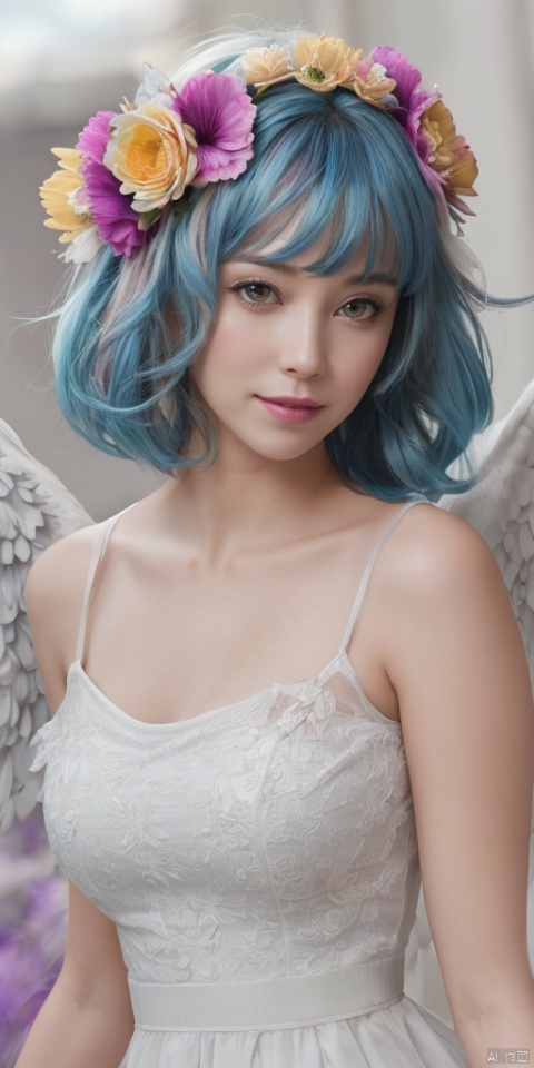 1girl,feathered wings, angel wings, white wings, solo, looking at viewer, blush, smile, open mouth, bangs, blonde hair, hair ornament, dress, bare shoulders, blue hair, purple eyes, collarbone, flower, short sleeves, :d, multicolored hair, shoes, virtual youtuber, water, hair bun, white dress, streaked hair, see-through, petals, double bun, white footwear, white flower, pink flower, bubble, yellow flower,Black eyes,lips, makeup, portrait, eyeshadow, realistic, nose,{{best quality}}, {{masterpiece}}, {{ultra-detailed}}, {illustration}, {detailed light}, {an extremely delicate and beautiful}, a girl, {beautiful detailed eyes}, large breasts,cleavage,zj,
