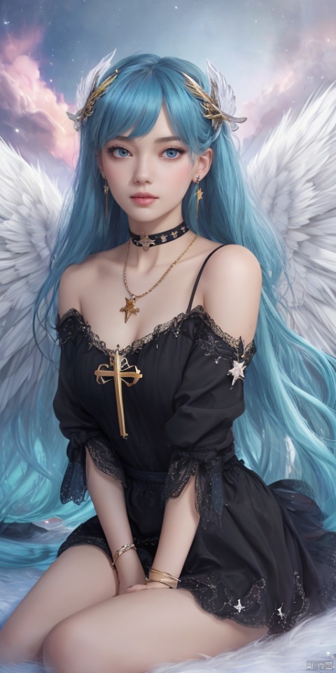  1girl, dance, Fairy, crystal, jewels,black, wings,Holy Light,As white as rosy clouds, 
1girl, solo, long hair, looking at viewer, blush, bangs, blue eyes, hair ornament, long sleeves, hair between eyes, jewelry, sitting, very long hair, closed mouth, blue hair, earrings, wings, choker, virtual youtuber, necklace, star \(symbol\), sweater, sleeves past wrists, black choker, halo, cross, feathered wings, puffy long sleeves, angel wings, star hair ornament, white wings, angel, star earrings, cross necklace, latin cross, star necklace