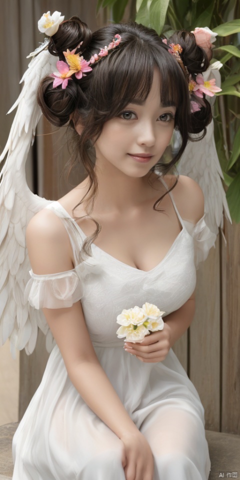  1girl,feathered wings, angel wings, white wings, solo, looking at viewer, blush, smile, open mouth, bangs, blonde hair, hair ornament, dress, bare shoulders, blue hair, purple eyes, collarbone, flower, short sleeves, :d, multicolored hair, shoes, virtual youtuber, water, hair bun, white dress, streaked hair, see-through, petals, double bun, white footwear, white flower, pink flower, bubble, yellow flower,Black eyes,lips, makeup, portrait, eyeshadow, realistic, nose,{{best quality}}, {{masterpiece}}, {{ultra-detailed}}, {illustration}, {detailed light}, {an extremely delicate and beautiful}, a girl, {beautiful detailed eyes}, large breasts,cleavage,zj,

