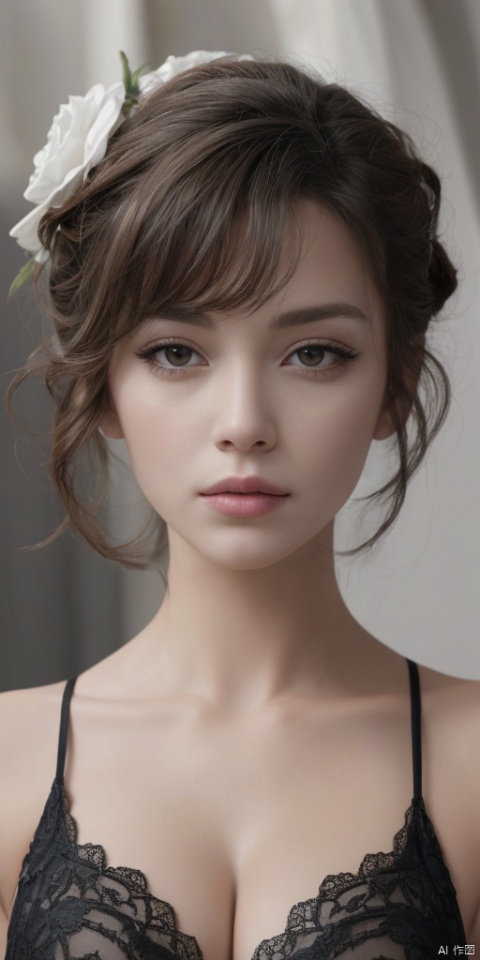  1girl,finger,Black eyes,lips, makeup, portrait, eyeshadow, realistic, nose,{{best quality}}, {{masterpiece}}, {{ultra-detailed}}, {illustration}, {detailed light}, {an extremely delicate and beautiful}, a girl, {beautiful detailed eyes}, large breasts,cleavage,zj,
