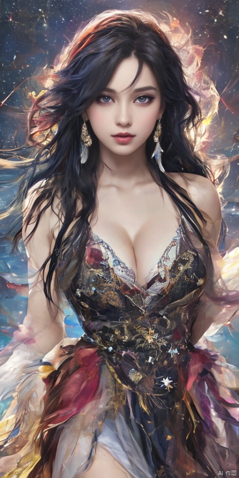  1girl, dance, Fairy, crystal, jewels,black, Crystal clear,solo, long hair, looking at viewer,black hair,jewelry, earrings,lips, makeup, portrait, eyeshadow, realistic, nose,{{best quality}}, {{masterpiece}}, {{ultra-detailed}}, {illustration}, {detailed light}, {an extremely delicate and beautiful}, a girl, {beautiful detailed eyes}, stars in the eyes, messy floating hair, colored inner hair, Starry sky adorns hair, depth of field, large breasts,cleavage,zj,
, All the Colours of the Rainbow, Girl and Dragon