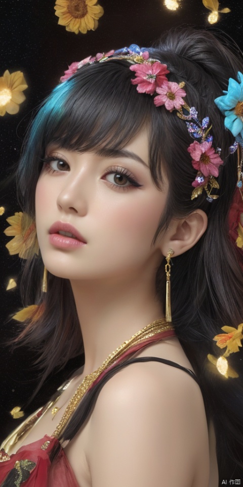  1girl,Han Chinese girls,hologram,yellow Hanfu,chinese clothes,large breasts,sunflower,jewelry, earrings,lips, makeup, portrait, eyeshadow, realistic, nose,{{best quality}}, {{masterpiece}}, {{ultra-detailed}}, {illustration}, {detailed light}, {an extremely delicate and beautiful}, a girl, {beautiful detailed eyes}, stars in the eyes, messy floating hair, colored inner hair, Starry sky adorns hair, depth of field, large breasts,cleavage,blurry, no humans, traditional media, gem, crystal, still life, Dance,movements, All the Colours of the Rainbow,zj,
simple background, shiny, blurry, no humans, depth of field, black background, gem, crystal, realistic, red gemstone, still life,
