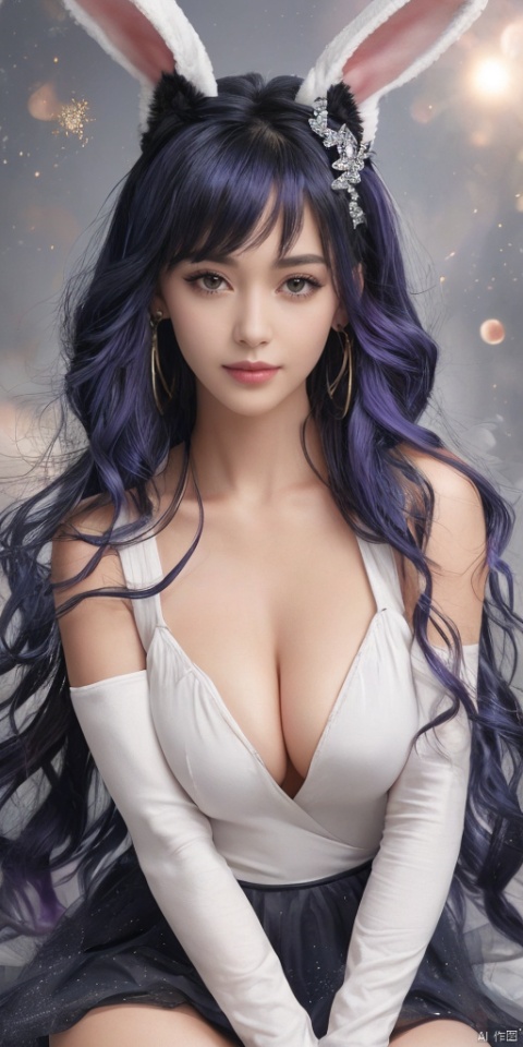  1girl, dance, Fairy, crystal, jewels,black, Crystal clear,solo, long hair, looking at viewer,black hair,jewelry, earrings,lips, makeup, portrait, eyeshadow, realistic, nose,{{best quality}}, {{masterpiece}}, {{ultra-detailed}}, {illustration}, {detailed light}, {an extremely delicate and beautiful}, a girl, {beautiful detailed eyes}, stars in the eyes, messy floating hair, colored inner hair, Starry sky adorns hair, depth of field, large breasts,cleavage,zj,
1girl, solo, long hair, smile, hair ornament, gloves, dress, animal ears, sitting, blue hair, purple eyes, purple hair, boots, white gloves, rabbit ears, white footwear, rabbit, pillar