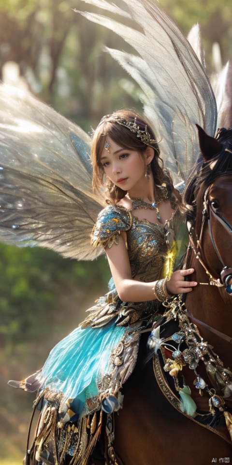  1girl,Metal wings,Fairy, crystal,jewels,dance
, depth of field, horsebackriding, horse,Holy Light