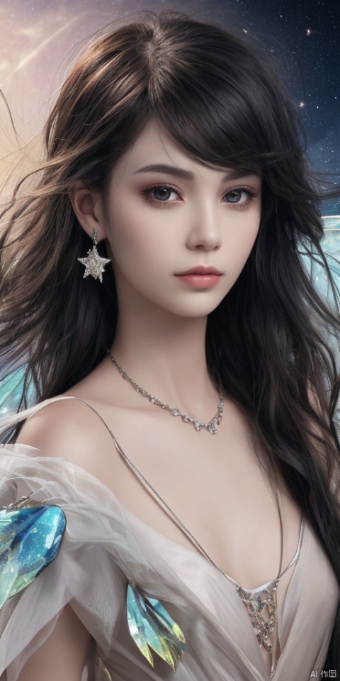  1girl, dance, Fairy, crystal, jewels,wings,All the Colours of the Rainbow, Crystal clear,solo, long hair, looking at viewer,black hair,earrings,lips, makeup, portrait, eyeshadow, realistic, nose,{{best quality}}, {{masterpiece}}, {{ultra-detailed}}, {illustration}, {detailed light}, {an extremely delicate and beautiful}, a girl, {beautiful detailed eyes}, stars in the eyes, messy floating hair, colored inner hair, Starry sky adorns hair, depth of field,zj,