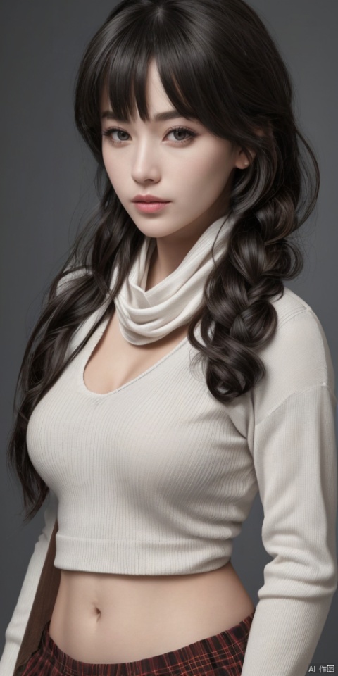  1girl, solo, long hair, looking at viewer, bangs, skirt, simple background, black hair, long sleeves, holding, upper body, braid, blunt bangs, scarf, black eyes, sweater, lips, plaid, single braid, hair over shoulder, realistic,Black eyes,lips, makeup, portrait, eyeshadow, realistic, nose,{{best quality}}, {{masterpiece}}, {{ultra-detailed}}, {illustration}, {detailed light}, {an extremely delicate and beautiful}, a girl, {beautiful detailed eyes}, large breasts,cleavage,zj,
