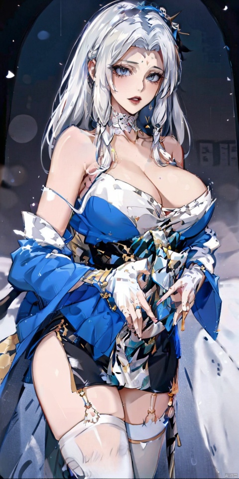  extremely detailed CG unity 8k wallpaper,jewelry,mature female,twin_braids,white hair,perky breasts,big breasts,cumdrip,black thighhighs, colors, spread_pussy,