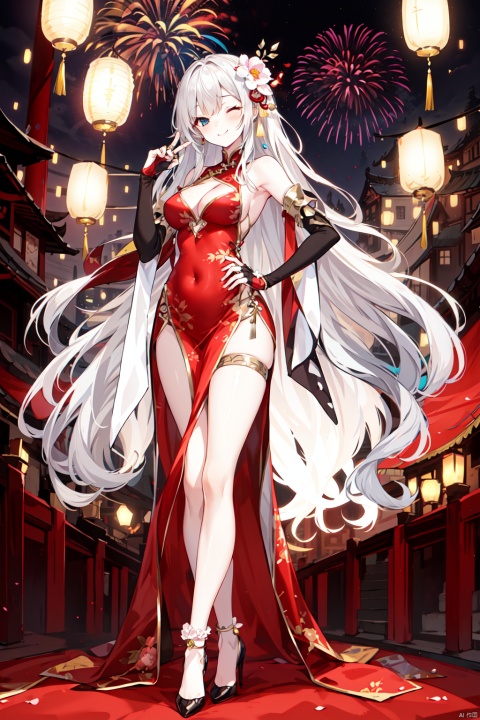 1girl,dress,long hair,solo,blue eyes,chinese clothes,red dress,one eye closed,flower,breasts,hair ornament,full body,china dress,gradient,smile,jewelry,hair flower,standing,bangs,very long hair,bracelet,elbow gloves,side slit,bare shoulders,gloves,black footwear,high heels,closed mouth,covered navel,cleavage,sleeveless,medium breasts,anklet,armpits,v,sleeveless dress,bridal gauntlets,silver-white hair,straight hair,very long hair,pelvic curtain,blush,thighlet,fingerless gloves,detached sleeves,fireworks,jewelry,night,paper lantern,masterpiece,best quality,high quality,