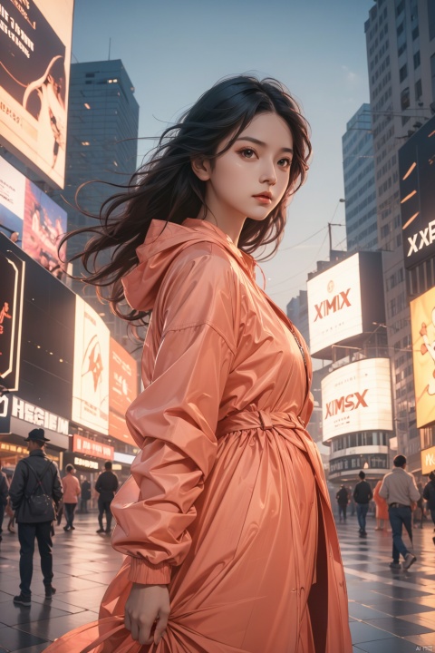 Ultra-high resolution, cinematic lighting,Woman wearing pink raincoat in Times Square,xxmix_girl,more detail XL, blue medium hair, mexican, Xiaolan