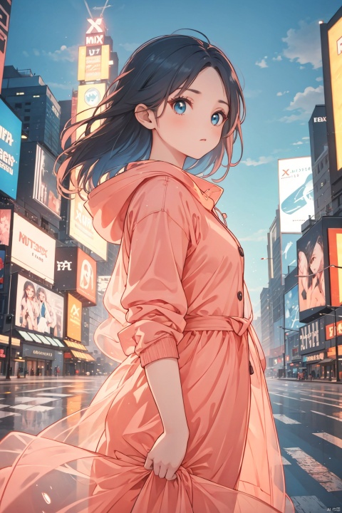 Ultra-high resolution, cinematic lighting,Woman wearing pink raincoat in Times Square,xxmix_girl,more detail XL, blue medium hair, mexican