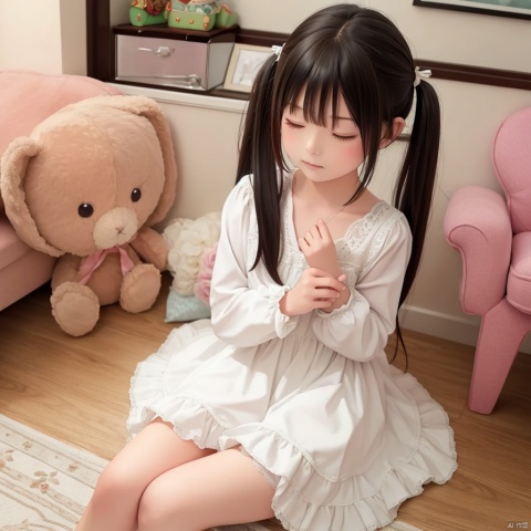  very long hair,cowboy shot,4349,3c5377918cMI,1girl,solo,twintails,black_hair,white_dress,long_hair,stuffed_toy,dress,stuffed_animal,closed_mouth,sitting,closed_eyes,indoors,long_sleeves,low_twintails,realistic,stuffed_bunny,bangs,