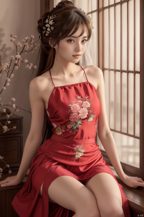  ((best quality)), ((masterpiece)), ((ultra-detailed)), extremely detailed CG, (illustration), ((detailed light)), (an extremely delicate and beautiful), girl, dress, hair ornament, red dress, solo, chinese clothes, long hair, sitting, bare shoulders, window, brown hair, hair bun, indoors, black hair,looking at viewer