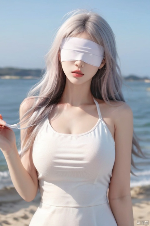  duotone pink and white,1girl,Long hair, loose hair, white hair,(blindfold),The wind blows, close-up,(no show left hand),(no show right hand)facing me directly
