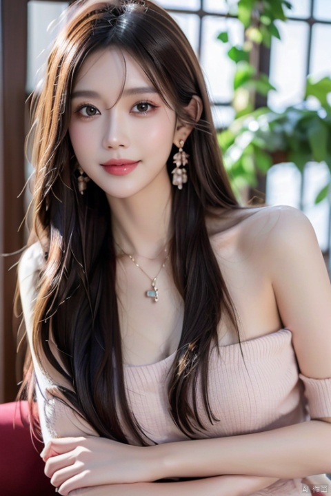 1girl,dress,flower,solo,brown hair,pink dress,sitting,rose,plant,(long hair:1.3),blurry,bare shoulders,pink flower,jewelry,pink rose,necklace,depth of field,off-shoulder dress,parted lips,off shoulder,breasts,looking at viewer,collarbone,lips,vines,strapless,princess,strapless dress,blurry foreground,full body,earrings,smile,