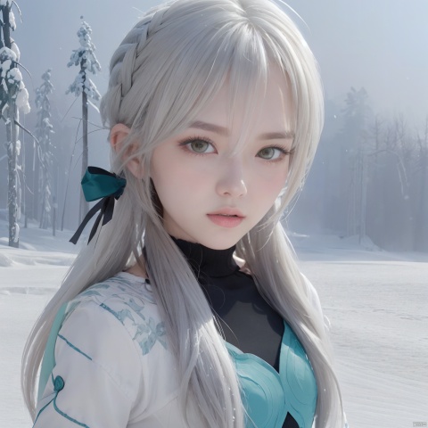 Illustrate a girl with the power of ice, featuring ice-white hair and clothing, set in a snowy landscape. Emphasize (((intricate details))), (((highest quality))), (((extreme detail quality))), and a (((captivating winter composition))). Use a palette of cool blues and whites, drawing inspiration from artists like Artgerm, Sakimichan, and Stanley Lau,midjourney