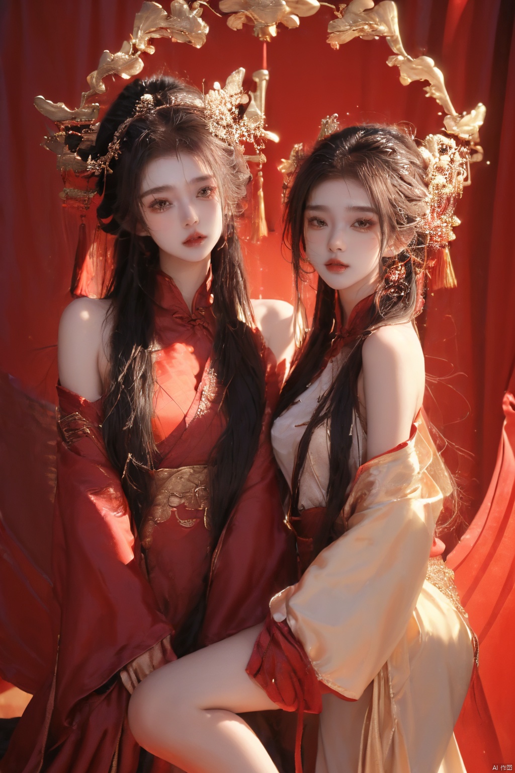 (2_girls::1.9), twins, huliya,Black 8D glossy stockings,long_hair, Bangs, Bangs between eyes, jewelry, gold jewelry, hanfu, looking to the side, bare_foot, Bare legs, On your own legs, bare shoulders, Whole body, sitting, chair, Sit on the chair, Chinese furniture, chinese chair, Indoor