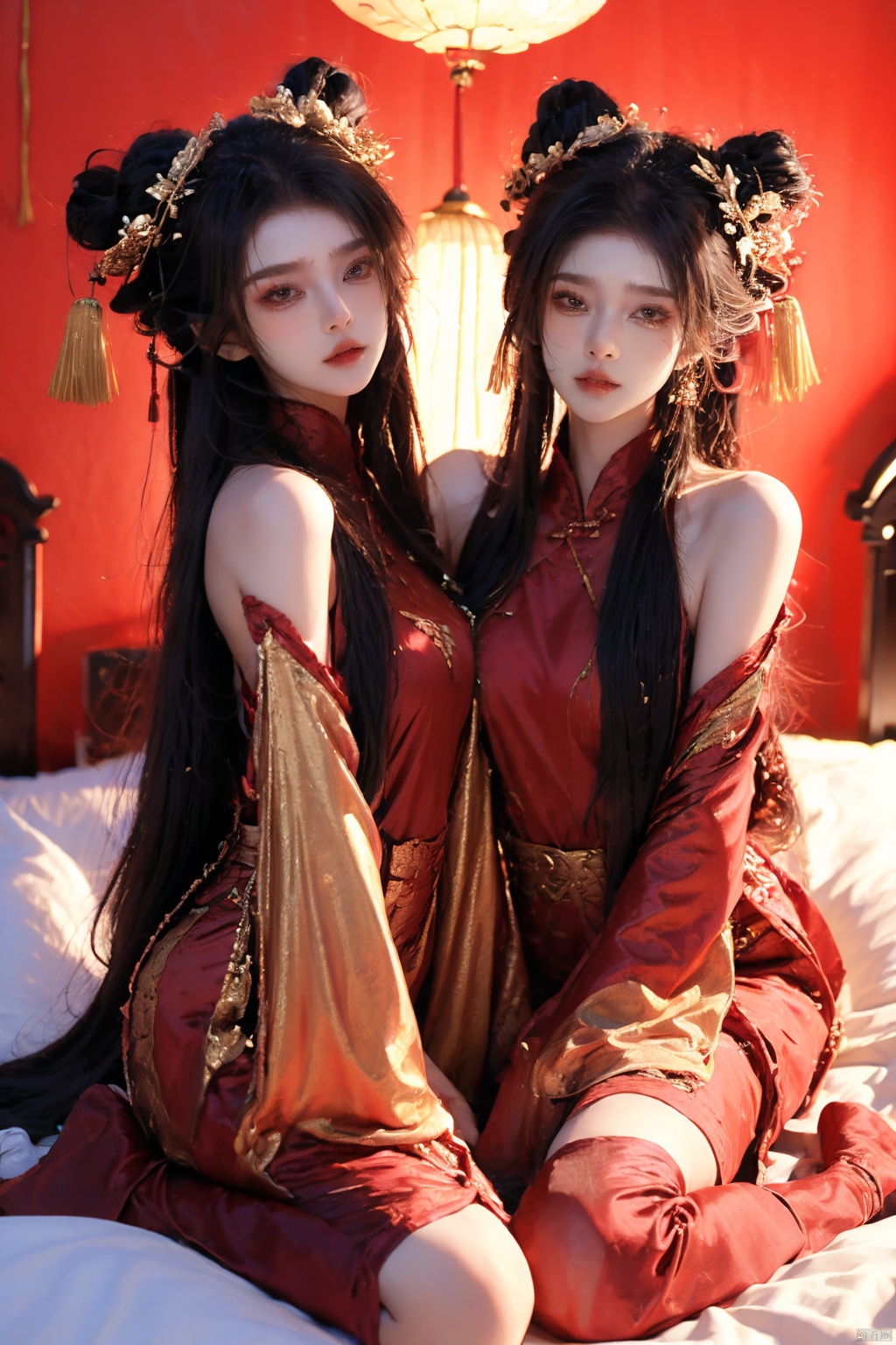 (2_girls::1.9), twins, huliya,Black 8D glossy stockings,long_hair, Bangs, Bangs between eyes, jewelry, gold jewelry, hanfu, looking to the side, silk stockings, bare shoulders, Whole body, sitting, Bed, Sit on the bed, Chinese furniture, Indoor