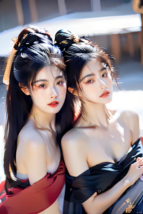 (2_girls:2), twins, dunhuang, Black 8D glossy stockings,Shy, Long hair, Bangs, clavicle, Exposed shoulders, Leg, Show your legs, Silk stockings, Black silk stockings, masterpiece,Surrealism, Realism, chiaroscuro, depth of field, cinematic lighting, motion blur, UHD, ccurate, textured skin, super detail, high details, best quality, high quality