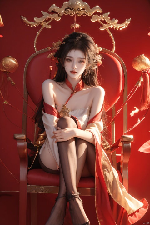 1girl, huliya, blackpantyhose, long_hair, Bangs, Bangs between eyes, jewelry, gold jewelry, hanfu, looking to the side, bare_foot, Bare legs, On your own legs, bare shoulders, Whole body, sitting, chair, Sit on the chair, Chinese furniture, chinese chair, Indoor