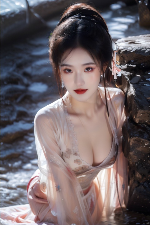  1girl, qingsha, Black 8D glossy stockings,full body display, Exquisite features, perfect face, flowing hair, eyelash, Exaggerated eye makeup, Smile, Look at the audience, Exposed legs, Red skirt, rich details, detailed background, The best quality, High detail