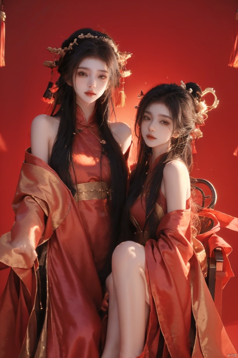(2_girls::1.9), twins, huliya, blackpantyhose, long_hair, Bangs, Bangs between eyes, jewelry, gold jewelry, hanfu, looking to the side, bare_foot, Bare legs, bare shoulders, Whole body, sitting, chair, Sit on the chair, Chinese furniture, chinese chair, Indoor
