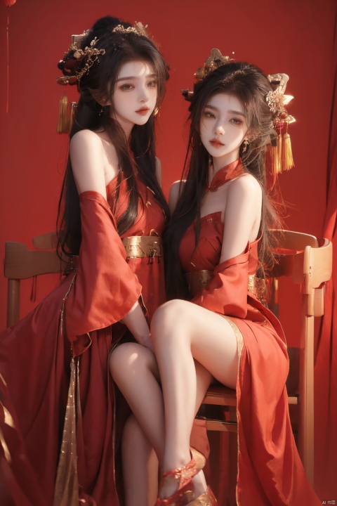(2_girls::1.9), twins, huliya, blackpantyhose, long_hair, Bangs, Bangs between eyes, jewelry, gold jewelry, hanfu, looking to the side, bare_foot, Bare legs, bare shoulders, Whole body, sitting, chair, Sit on the chair, Chinese furniture, chinese chair, Indoor