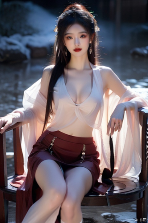  1girl, qingsha, Black 8D glossy stockings,full body display, Exquisite features, perfect face, flowing hair, eyelash, Exaggerated eye makeup, Smile, Look at the audience, Exposed legs, Red skirt, rich details, detailed background, The best quality, High detail