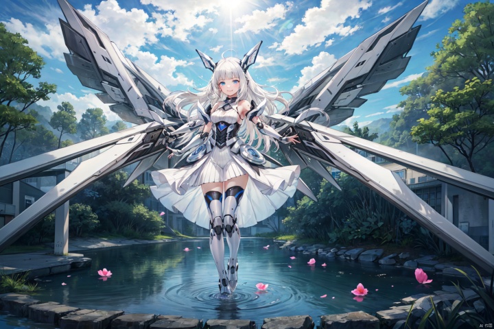  SFW,A girl with white hair stands in a small lake surrounded by woods,detailed background,(full body),standing,flowers,floating petal,(sparkling lake),(((Feet in the water))),Deep in the forest:1.25,cloud,sun,dusk,Accumulate,bangs,tree,pink flower,outdoors,grasssaucer,straight-on,((Open arms)),,((masterpiece)),(((best quality))),original,((illustration)),(cute detailed face),(((1girl))),{solo},(((full body))),large masterpiece digital art,HIGH RES,Stunning art,{{highly detailed skin}},(((beautiful detailed lighting))),intricate light,
(solo),(long_hair:0.963),white hair,(blue_eyes:0.962),(dress:0.926),(breasts:0.875),(boots:0.806),(bare_shoulders:0.762),(looking_at_viewer),(thighhighs:0.721),fingerless gloves,white dress,headgear,white footwear,blunt bangs :1.33,(hime_cut),[disheveled hair],[messy hair], 
mecha musume,mechanical parts,robot joints,single mechanical arm,headgear,intricate mechanical bodysuit,mecha corset,full armor,very long hair,white hair,colored inner hair, Tianqi Ji,mecha musume,(Mechanical wings with vertical take-off and landing fans):1.5, gray wings,(Black and white dress):1.2,(((mechanical wings))),mechanical ear,
(clouds,blowing in the wind,
smiling,peaceful,expression,happy,serene,romantic,atmosphere,feeling,dreamy,tranquil,freedom,hope,enjoying the moment,solo,outdoor,natural beauty:1.1)