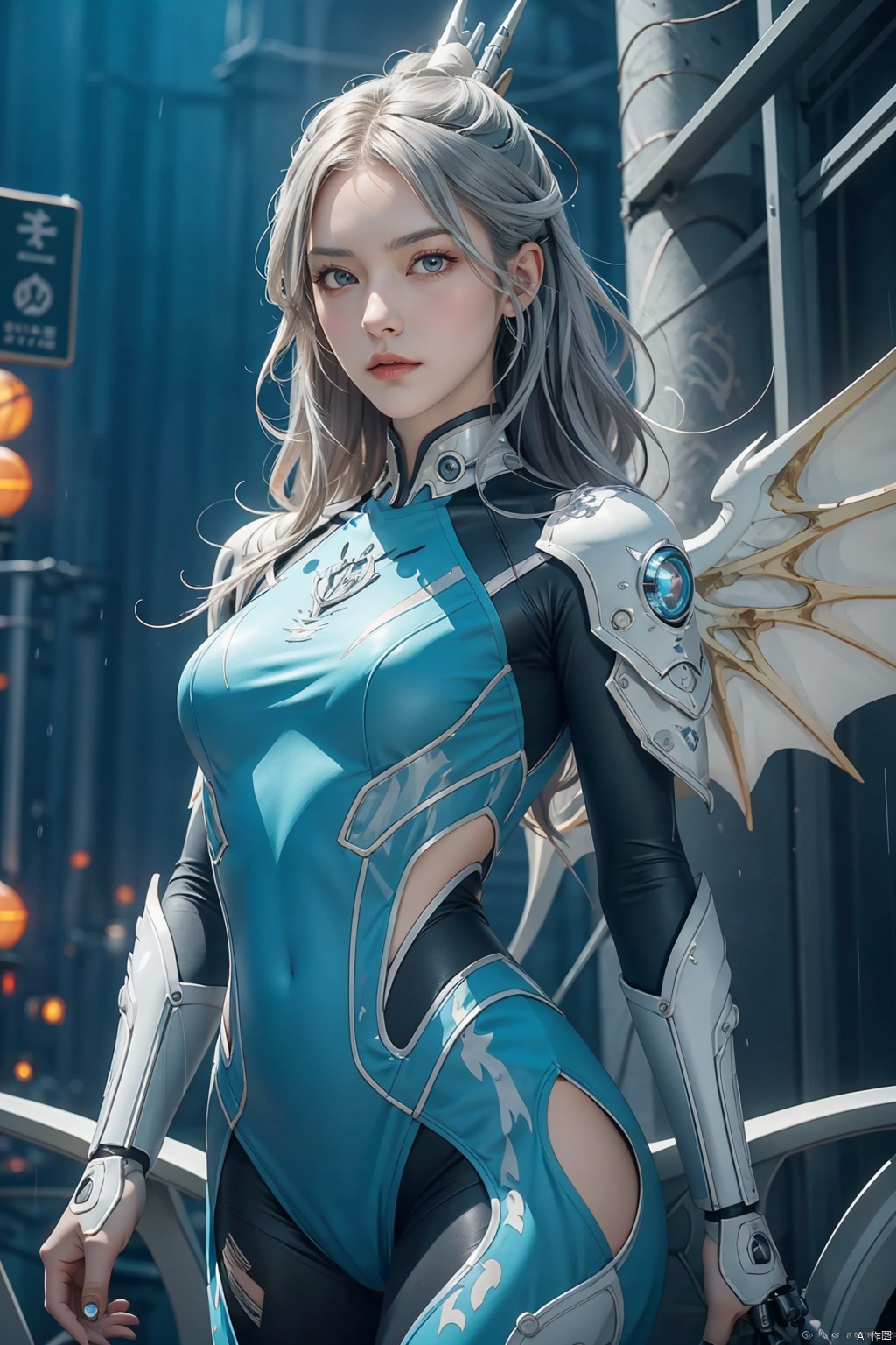 {{master piece}},best quality,illustration,1girl,small breast,beatiful detailed eyes,beatiful detailed cyberpunk city,flat_chest,beatiful detailed hair,wavy hair,beatiful detailed steet,mecha clothes,robot girl,cool movement,sliver bodysuit,{filigree},dargon wings,colorful background,a dragon  stands behind the girl,rainy days,{lightning effect},beatiful detailed sliver dragon arnour,（cold face）, nezha, dofas, logo,graphic, aoguang