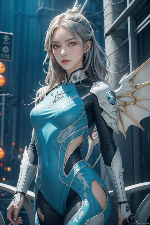 {{master piece}},best quality,illustration,1girl,small breast,beatiful detailed eyes,beatiful detailed cyberpunk city,flat_chest,beatiful detailed hair,wavy hair,beatiful detailed steet,mecha clothes,robot girl,cool movement,sliver bodysuit,{filigree},dargon wings,colorful background,a dragon  stands behind the girl,rainy days,{lightning effect},beatiful detailed sliver dragon arnour,（cold face）, nezha, dofas, logo,graphic, aoguang