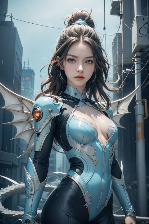 {{master piece}},best quality,illustration,1girl,small breast,beatiful detailed eyes,beatiful detailed cyberpunk city,flat_chest,beatiful detailed hair,wavy hair,beatiful detailed steet,mecha clothes,robot girl,cool movement,sliver bodysuit,{filigree},dargon wings,colorful background,a dragon  stands behind the girl,rainy days,{lightning effect},beatiful detailed sliver dragon arnour,（cold face）, nezha, dofas, logo,graphic, aoguang