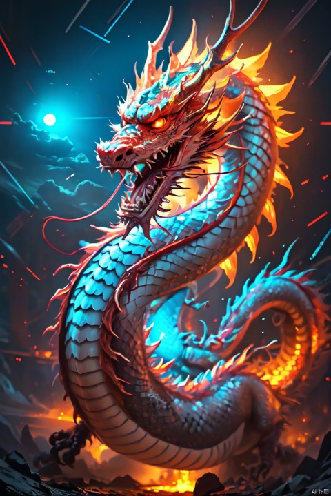  HDR, UHD, 8K, High detailed, best quality, masterpiece, (Cyber Theme) (Colorful, Neon Light) Chinese dragon - huge, (solo), no humans, glowing scales, sharp teeth, 1 pair of sharp angles, clouds, lightning