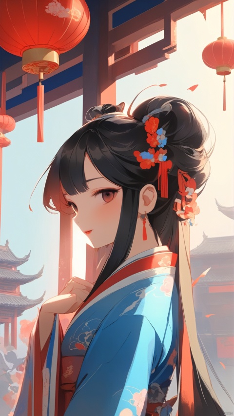  1 red dragon,blue background, a small number of red lanterns, Chinese elements with firecrackers around and fireworks in the background, goddess, colors, wmchahua, beauty\(changjing\), cndstyle, zgct color
