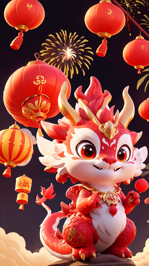  1 red dragon,blue background, a small number of red lanterns, Chinese elements with firecrackers around and fireworks in the background, goddess, colors