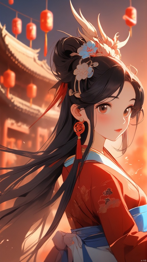  1 red dragon,blue background, a small number of red lanterns, Chinese elements with firecrackers around and fireworks in the background, goddess, colors, wmchahua, beauty\(changjing\), cndstyle, zgct color