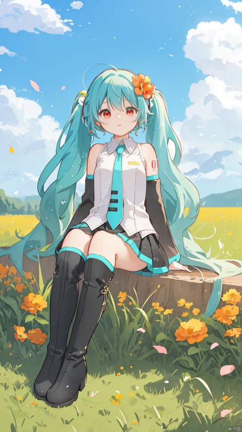 sa-fu \(sfmk39\),(masterpiece),(best quality),illustration,ultra detailed,hdr,Depth of field,(colorful),[Artist iumu],[Artist Sheya],[Artist chen bin], 1girl, solo, hatsune miku, flower, long hair, detached sleeves, skirt, necktie, hair ornament, twintails, shirt, sitting, red eyes, floating hair, hair flower, looking at viewer, thighhighs, sleeveless, boots, very long hair, black skirt, sleeveless shirt, grey shirt, orange flower, pleated skirt, thigh boots, petals, collared shirt, black sleeves, black footwear, green hair, full body, black thighhighs, outdoors, bare shoulders, parted lips, grass, wariza, red flower, yellow flower, sky, wind, aqua necktie


