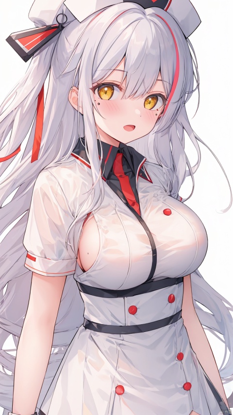  sousouman,best quality, amazing quality, very aesthetic, absurdres,1girl, breasts, prinz_eugen_\(azur_lane\), nurse, large_breasts, long_hair, nurse_cap, open_mouth, white_hair, looking_at_viewer, solo, gloves, streaked_hair, multicolored_hair, mole, mole_on_breast, hat, two_side_up, dress, white_background, white_gloves, white_dress, bangs, red_hair, simple_background, short_sleeves, very_long_hair, yellow_eyes, blush, hair_ornament, swept_bangs, holding, orange_eyes, cross, hair_between_eyes, sideboob

