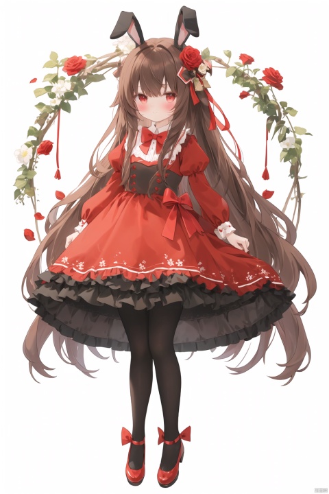 chen_bin,1girl, solo, long hair, looking at viewer, blush, bangs, brown hair, hair ornament, red eyes, long sleeves, white background, dress, bow, animal ears, very long hair, closed mouth, full body, flower, hair bow, pantyhose, frills, shoes, socks, puffy sleeves, hair flower, bowtie, rabbit ears, red bow, animal ear fluff, black pantyhose, rose, red dress, frilled dress, white bow, red flower, red footwear, puffy long sleeves, striped bow, petticoat, footwear bow