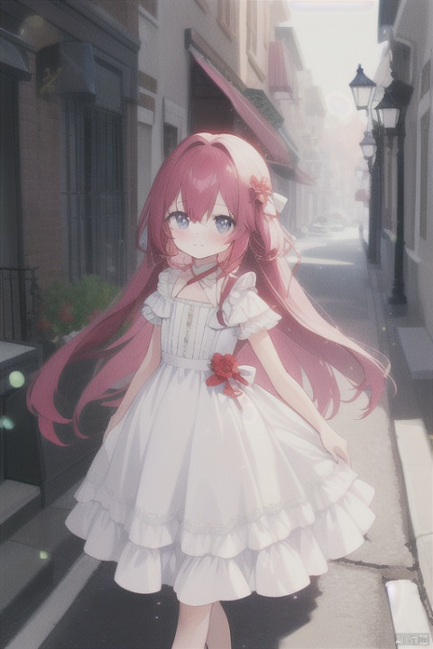 sousouman,A petite, young girl with long red hair and a white dress walks on the gray street under the glow of the street lamps. As she looks up at the camera, her gaze reflects the light, creating a gentle glow that captivates the audience.
