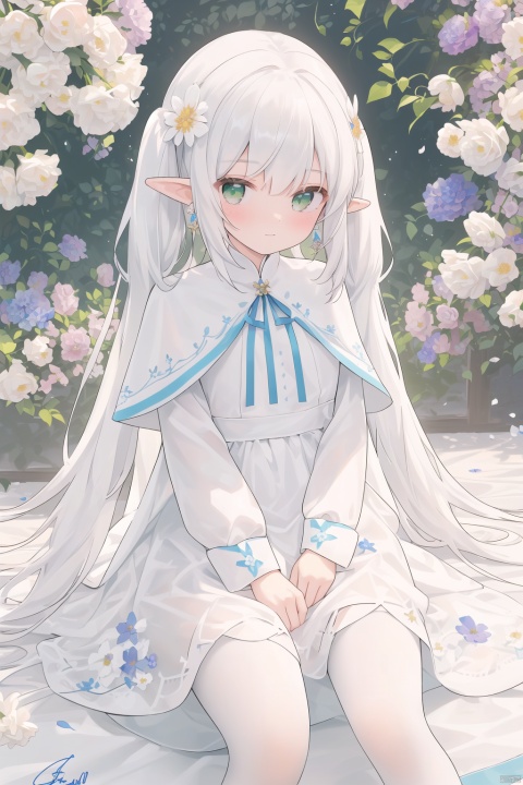 chen_bin,((best quality)),((masterpiece)),((ultra-detailed)),(illustration),(detailed light),(an extremely delicate and beautiful), \\\\\\\\\\\\\\\\\\\\\\ fll, twintails, 1girl, pointy ears, round face,white hair, green eyes, elf, pantyhose, long hair, earrings, black pantyhose, white capelet, long sleeves, dress, \\\\\\\\\\\\\\\\\\\\\\\\\\\\\\\\ ((trim)),incredibly_absurdres,(ray tracing),(reflection light),((Movie Poster)),(signature:1.3),(English text:1.3),BREAK (8k:1.3),Wallpaper,1girl,(girl middle of flower:1.4),clear sky,outside,ultra-detailed,best quality,extreme quality,Masterpiece,beautiful,pretty,sitting on the ground,(absurdly long hair, clear boundaries of the cloth:1.4),(pure white dress, pure white silk cloth:1.5),(ground of flowers, thousand of flowers, colorful flowers, flowers around her, various flowers:1.51),young,stunning,attractive,sundress,fantastic scenery,pure whiteshoes