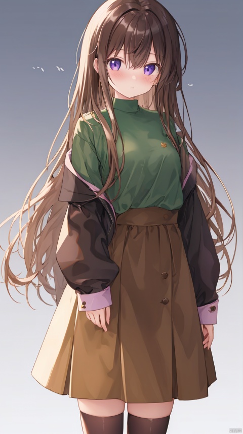  sousouman,best quality, amazing quality, very aesthetic, absurdres,1girl, solo, thighhighs, purple_eyes, black_thighhighs, blush, skirt, sleeves_past_wrists, shirt, looking_at_viewer, ahoge, long_sleeves, sleeves_past_fingers, brown_skirt, closed_mouth, bangs, long_hair, simple_background, black_hair, hair_between_eyes, brown_hair, gradient_background, gradient, green_shirt, oversized_clothes, standing



