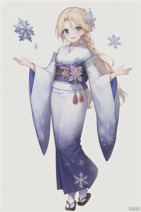  sousouman,1girl, blonde_hair, braid, elsa_\(frozen\), floral_print, full_body, japanese_clothes, kimono, long_sleeves, open_mouth, sandals, sash, simple_background, smile, snowflake_print, snowflakes, solo, standing, star_\(symbol\), white_background, wide_sleeves

