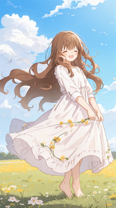 sa-fu \(sfmk39\),1girl, solo, long hair, smile, open mouth, brown hair, dress, closed eyes, flower, outdoors, sky, barefoot, day, cloud, white dress, arms behind back, sundress, field

