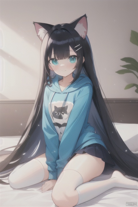  sousouman,masterpiece, best quality, girl, black hair, very long hair, hime_cut, crossed bangs, hairclip, straight hair, aqua eyes, cute face, , aqua eyes, breasts, hoodie , skirt, white kneehighs, , solo, sitting on the middle of bed,no shoes,two legs,cats ears,kneeling
