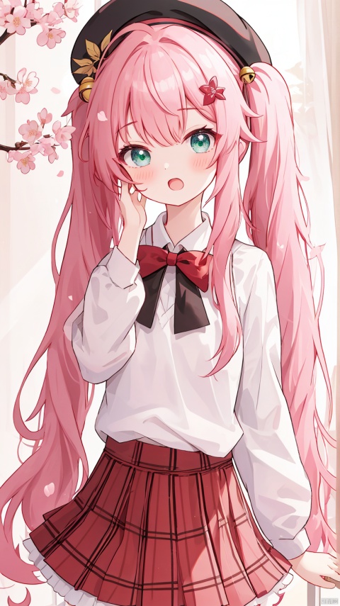 exusiai_dust,1girl, sakura_miko, virtual_youtuber, pink_hair, green_eyes, solo, hat, skirt, long_hair, cherry_blossoms, ahoge, hair_ornament, blush, open_mouth, looking_at_viewer, shirt, red_skirt, twintails, hairclip, bell, plaid, white_shirt, plaid_skirt, black_headwear, long_sleeves, neck_bell, beret, bangs, low_twintails, breasts, shoulder_cutout, hand_to_own_mouth
