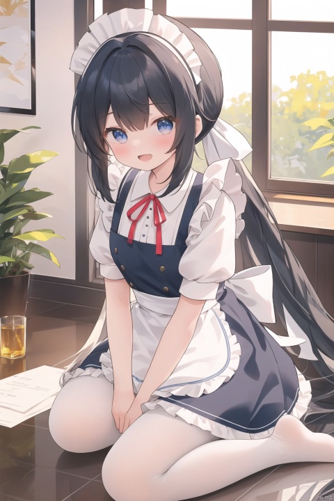 chen_bin,best quality,illustration,ultra detailed,hdr,Depth of field,(colorful),[iumu],[Artist chen bin],1girl, pantyhose, aris (blue archive), long hair, aris (maid) (blue archive), halo, white pantyhose, apron, maid headdress, black hair, maid, very long hair, official alternate costume, blue eyes, short sleeves, solo, looking at viewer, dress, blush, white apron, no shoes, sitting, ponytail, absurdly long hair, frills, black dress, maid apron, frilled apron, wariza, puffy sleeves, puffy short sleeves, soles, open mouth, feet, between legs, white background, hand between legs, ribbon, toes, neck ribbon, peroro (blue archive)